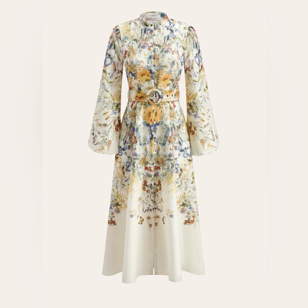 Commense Floral Long Sleeve Belted Midi Dress in White and Yellow